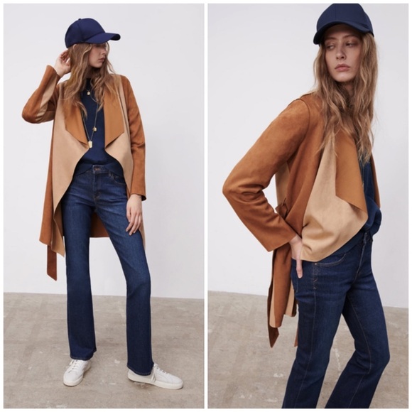 ZARA Brown Tan Faux Suede Patchwork Jacket Trench Coat - Picture 3 of 6